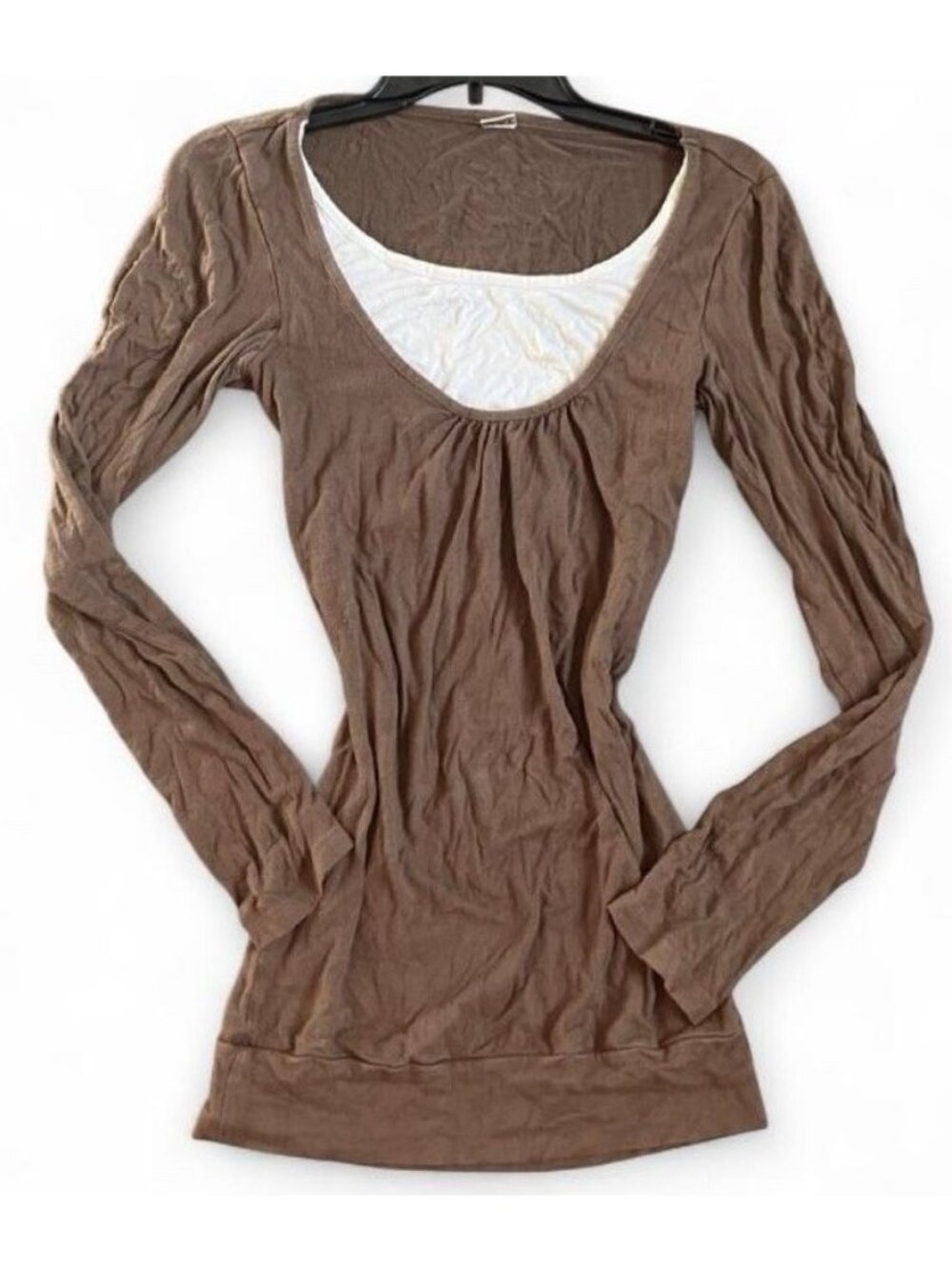 YAO Collection Brown Layered Look Long Sleeve Scoop Neck Stretch Tunic Top S